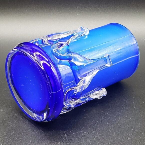 Murano Style Vintage Cobalt Blue White Cased Clear Rigaree Art Glass Vase - Picture 5 of 10